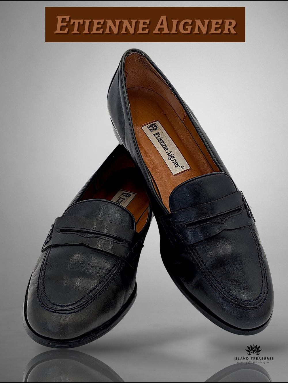 Etienne Aigner Sz 7.5 Michele Black Genuine Leather Penny Loafers Black
